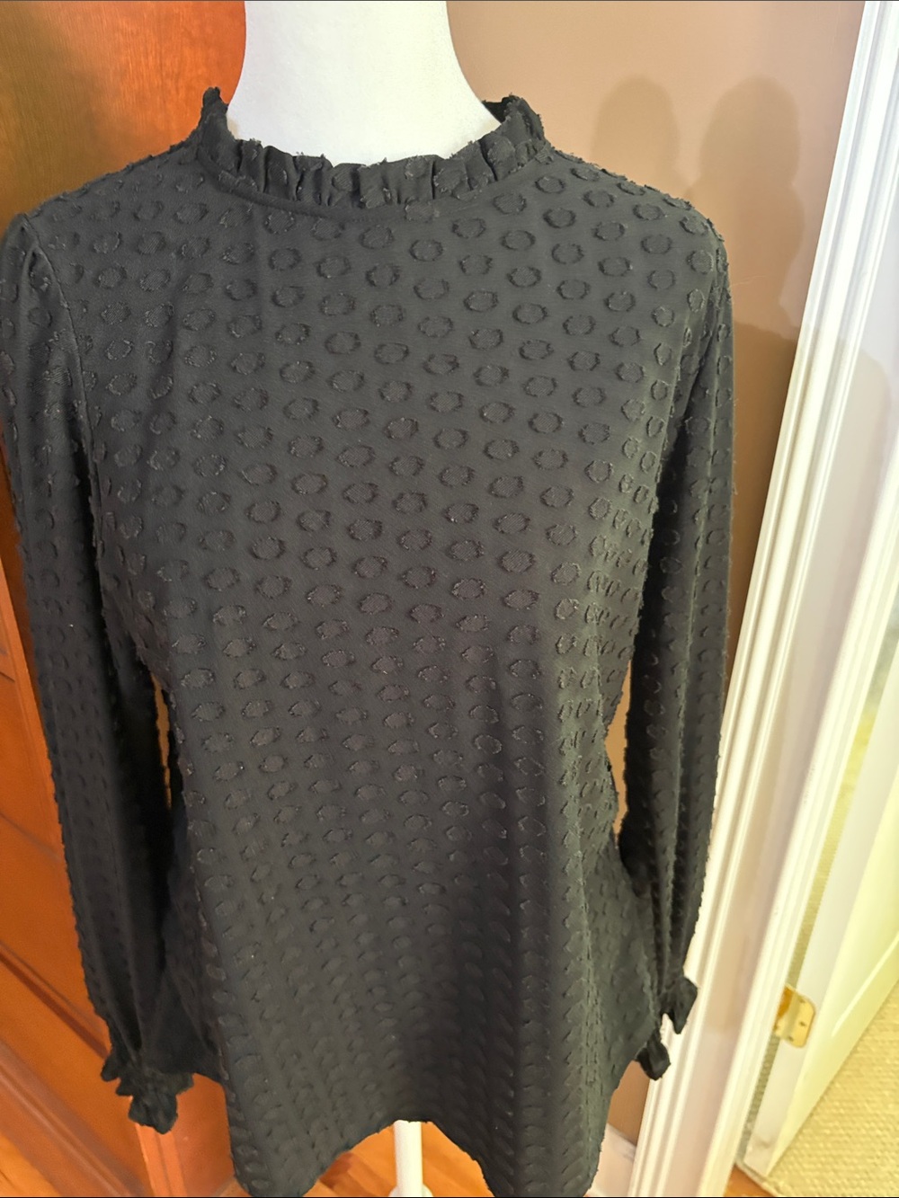 Adrianna Papell Black Long-Sleeve Textured Ruffle Neck Dress
